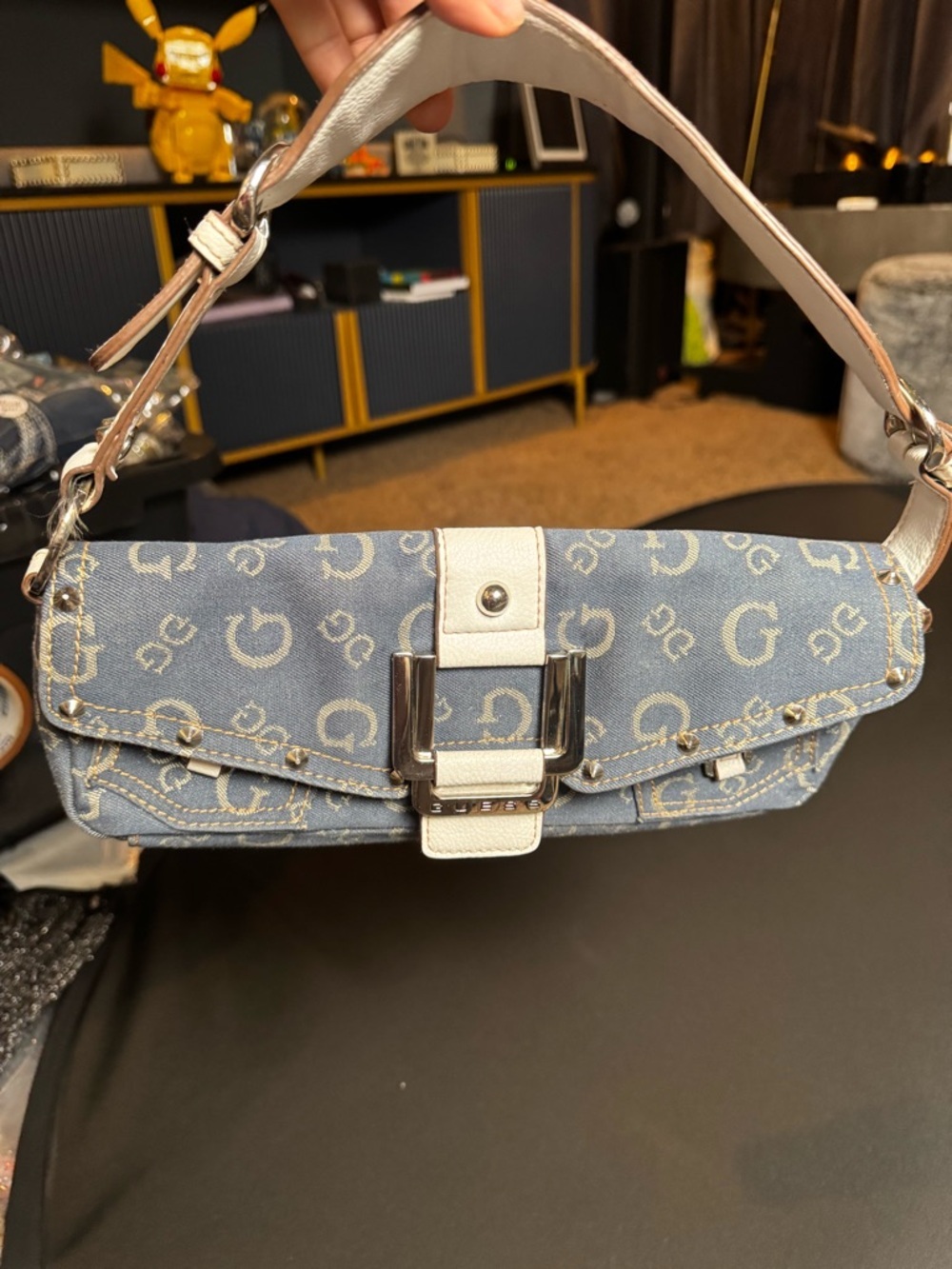 Vintage Y2K Guess Denim Monogram Baguette Bag Blue Logo - Picture 6 of 11